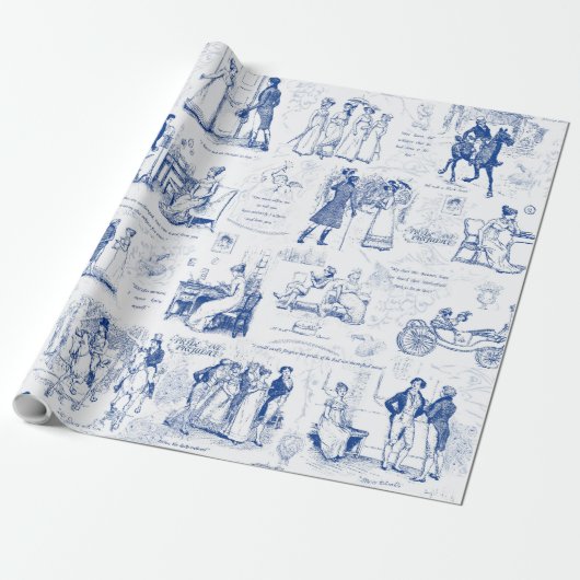 Vorurteil und Stolz Blue Toile Quotes Illustration Geschenkpapier (Ungerollt)