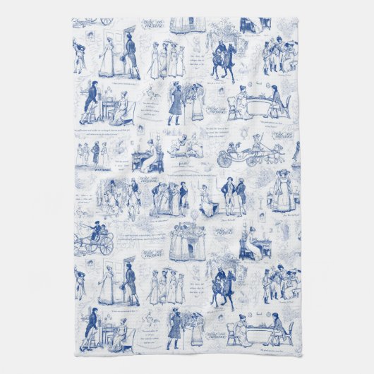 Vorurteil und Stolz Blue Toile Quotes Illustration Geschirrtuch (Vertikal)