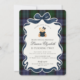 Vorzügliche Coquette-Bow-Bär-Tartan-Karo-Geburtsta Einladung