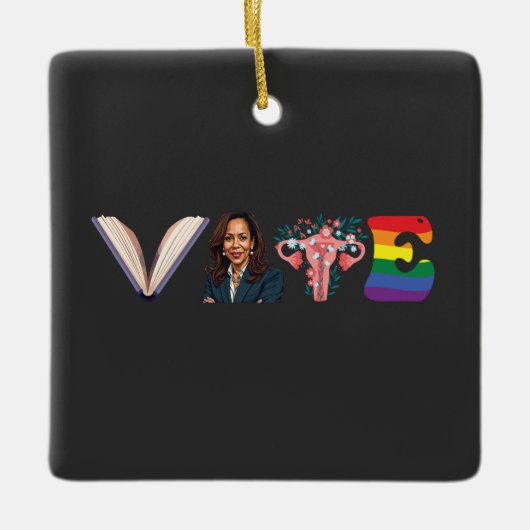 VOTE Bücher Uterus LGBT Kamala Harris Walz Wahl Keramikornament (Vorderseite)