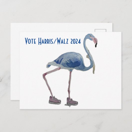 Vote Harris/Walz Blue FLAmingo w/ Pearls Postcard Postkarte (Vorne/Hinten)