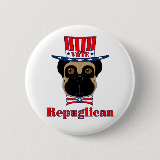 Vote rePUGlican Funny Mops in Red White Blue Hat Button (Vorderseite)