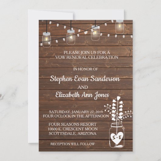 Vow Renewal Barn Mason Jar Classic Wood Rustic Einladung (Vorderseite)