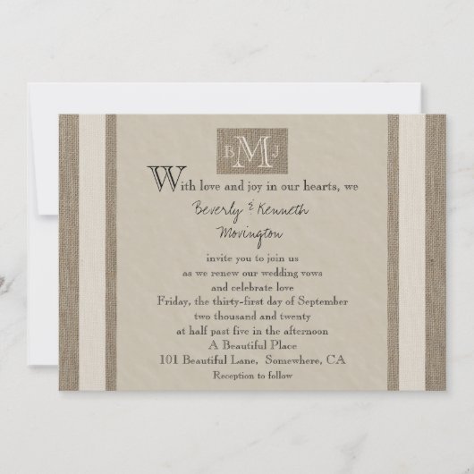 Vow Renewal Burlap Parchlook Einladung (Vorderseite)
