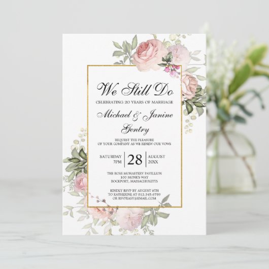 Vow Renewal Dusty Blush Pink Rose Bloral Einladung (Stehend Vorderseite)