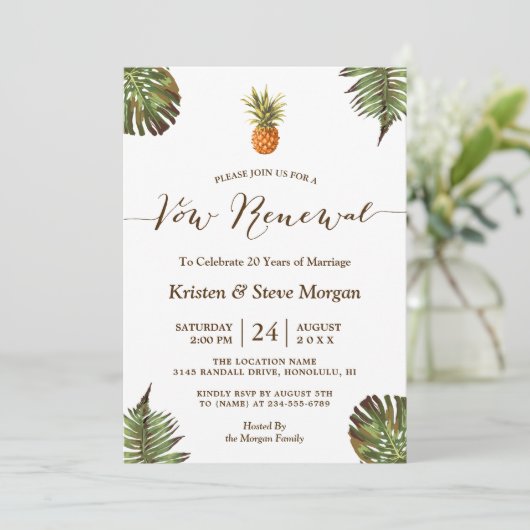 Vow Renewal Party - Summer Luau Ananas Blätter Einladung (Stehend Vorderseite)