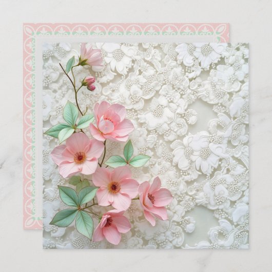 Vow Renewal Pink Blume auf der White Bridal Spitze Einladung (Vorne/Hinten)