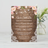 Vow Renewal Rustic Holz String Lights Lace Floral Einladung (Stehend Vorderseite)