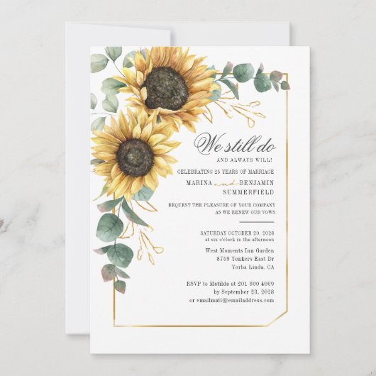 Vow Renewal Sunflower Eukalyptus Greenery Script Einladung (Vorderseite)