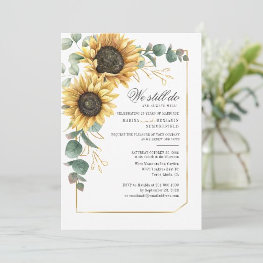 Vow Renewal Sunflower Eukalyptus Greenery Script Einladung (Stehend Vorderseite)