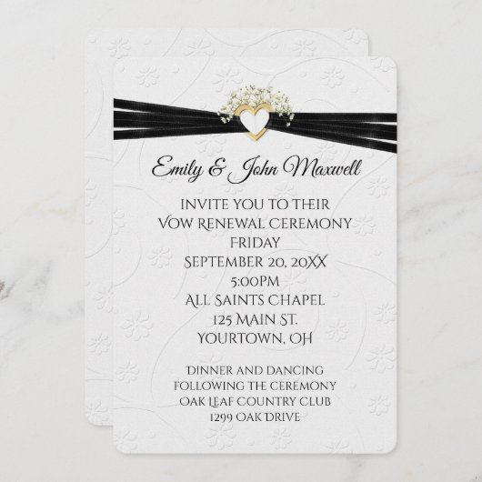 Vow Renewal White Embossed Floral with Heart Einladung (Vorne/Hinten)