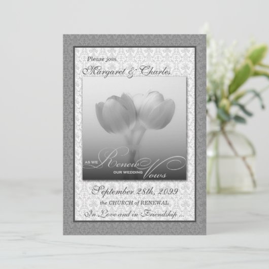Vow Renewal Zeremonie Silver Damask und Tulips Einladung (Stehend Vorderseite)