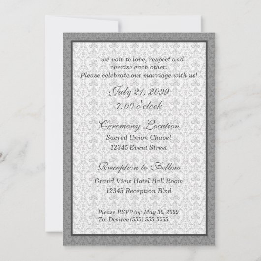 Vow Renewal Zeremonie Silver Damask und Tulips Einladung (Rückseite)