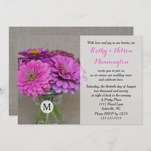 Vow Renewal Zinnias in Masson Jar auf Burlap Einladung (Vorne/Hinten)