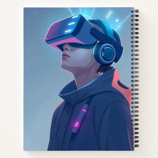 VR-Gamer mit leuchtenden holografischen Prognosen Notizblock (Rückseite)