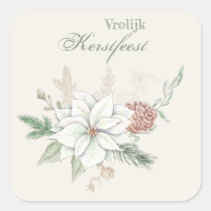 Vrolijk kerstest White Poinsettia und Pine Cone Quadratischer Aufkleber