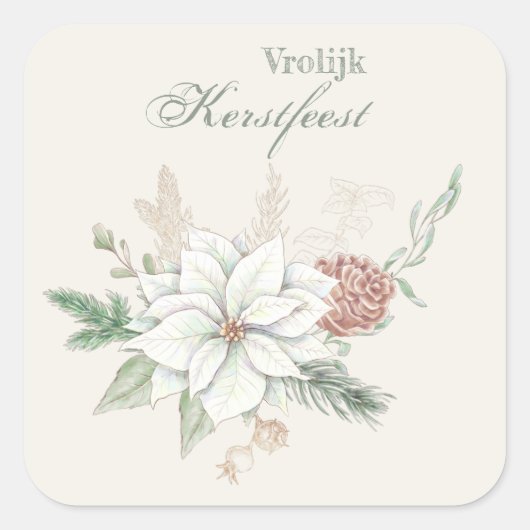 Vrolijk kerstest White Poinsettia und Pine Cone Quadratischer Aufkleber (Vorderseite)