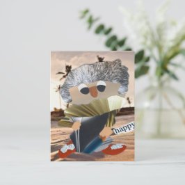 Vrolijke happy schrijft grote droom waar op beach postkarte