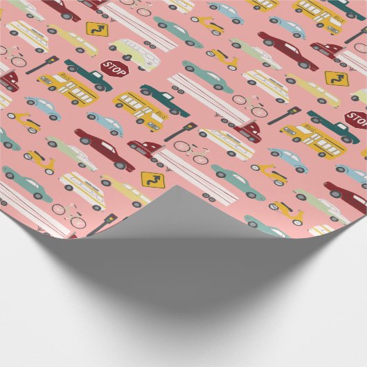 Vroom! Straßenbahnwagen Busfahrrad rosa Geschenkpapier (Ecke)