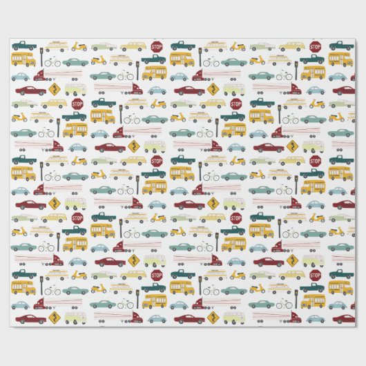 Vroom! Straßenbahnwagen Busfahrrad weiß Geschenkpapier (Flach)