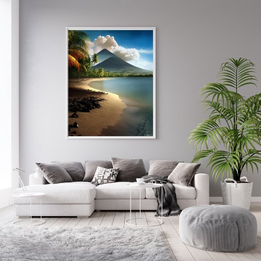 Vulkane, weißer Sandstrand mit Palmen Poster