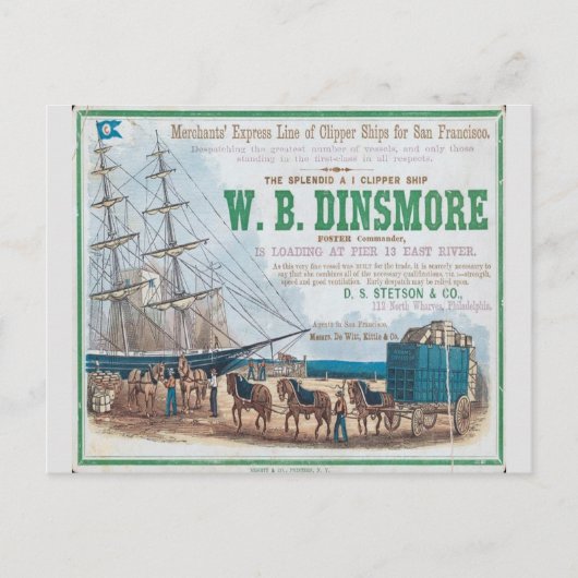 W B Dinsmore Clipper Segelschiff Postkarte (Vorderseite)