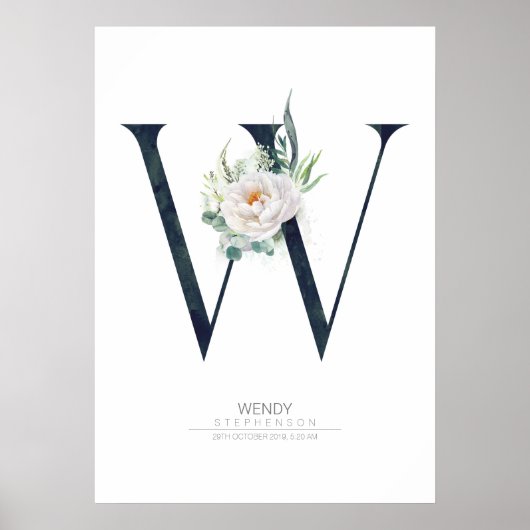W Buchstabe Monogramm Weiße Blumen und Grün Poster (Vorne)