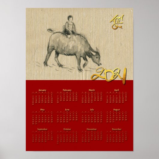 W Buffalo Child Chinese Ox Year 2021 Calendar P Poster (Vorne)