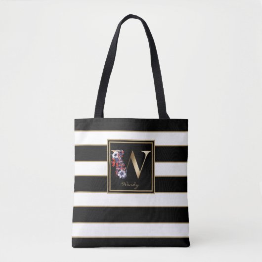 W Gold Floral Monogram | Schwarz-weiße Streifen Tasche (Vorderseite)