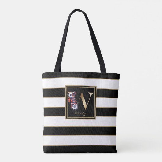 W Gold Floral Monogram | Schwarz-weiße Streifen Tasche (Rückseite)