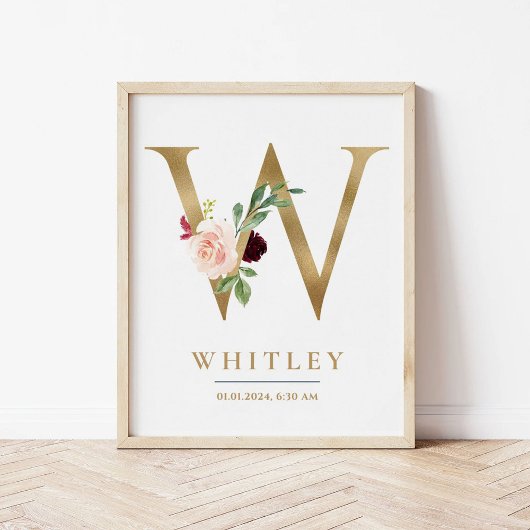 W Letter Monogram Name Marsala Floral Kinderzimmer Poster