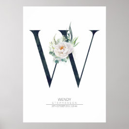 W Letter Monogram Weiße Blume und Grünflächen Poster