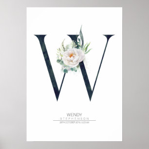 W Letter Monogram Weiße Blume und Grünflächen Poster