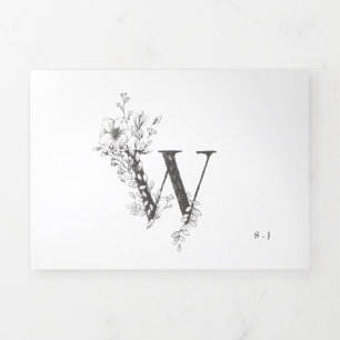 'W' Monogram Schöne gezeichnete Blumenhochzeit Dreifach Gefaltete Einladung