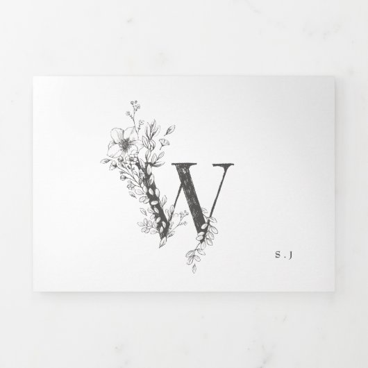 'W' Monogram Schöne gezeichnete Blumenhochzeit Dreifach Gefaltete Einladung (Cover)