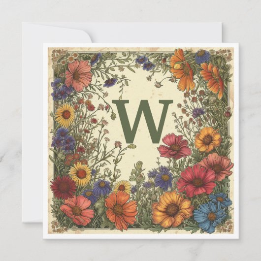 "W" Verdigris Green: Bloom & Monogram Feiertagskarte (Vorderseite)