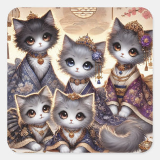 Wa-lolita Japanese Royal Cat Family Quadratischer Aufkleber