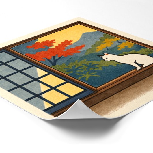 Wa – Quiet Window with White Cat Poster (Ecke)
