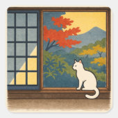 Wa – Quiet Window with White Cat Quadratischer Aufkleber (Vorderseite)