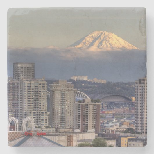 WA, Seattle, Mount Rainier aus Kerry Park Steinuntersetzer (Vorderseite)