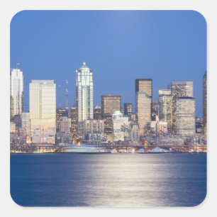 WA, Seattle, Seattle Skyline und Elliott Bay, 2 Quadratischer Aufkleber