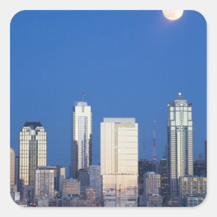 WA, Seattle, Seattle Skyline und Elliott Bay 4 Quadratischer Aufkleber