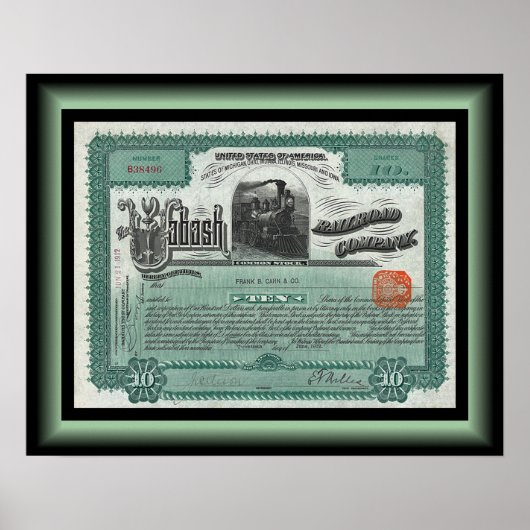 Wabash Railroad Company Stock Certificate ~ 1912 Poster (Vorne)