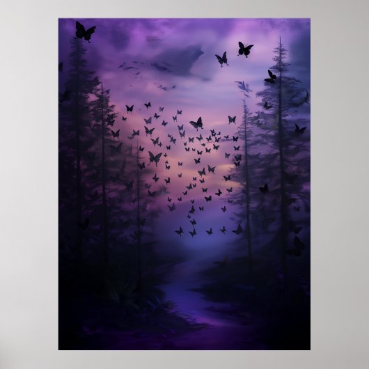 Wabi Sabi Black Butterfets Lila Forest Abstrakt Poster (Vorne)