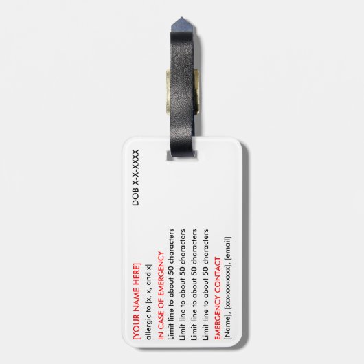 Wachsamer ID/ICE Umbau der Allergie- Gepäckanhänger (Rückseite vertikal)