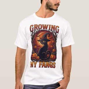 Wachsende Fangzähne Halloween Schwarze Katze Hexen T-Shirt