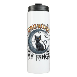 Wachsende Fangzähne schwarze Katze Halbmond Fleder Thermosbecher
