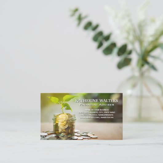 Wachsende Pflanze im Jar of Coins | Finanzen Visitenkarte (Stehend Vorderseite)