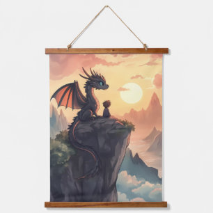Wächter des Himmels: Ein Junge und Sein Drache Wandteppich Mit Holzrahmen