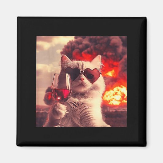 Wacky Cat Holding Wine Selfi With Fire Funny Sungl Magnet (Vorne)
